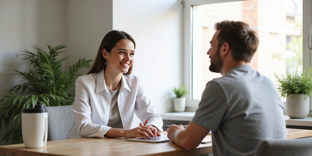 A friendly nutritionist actively listening to a client during a consultation, in a modern, welcoming office setting.